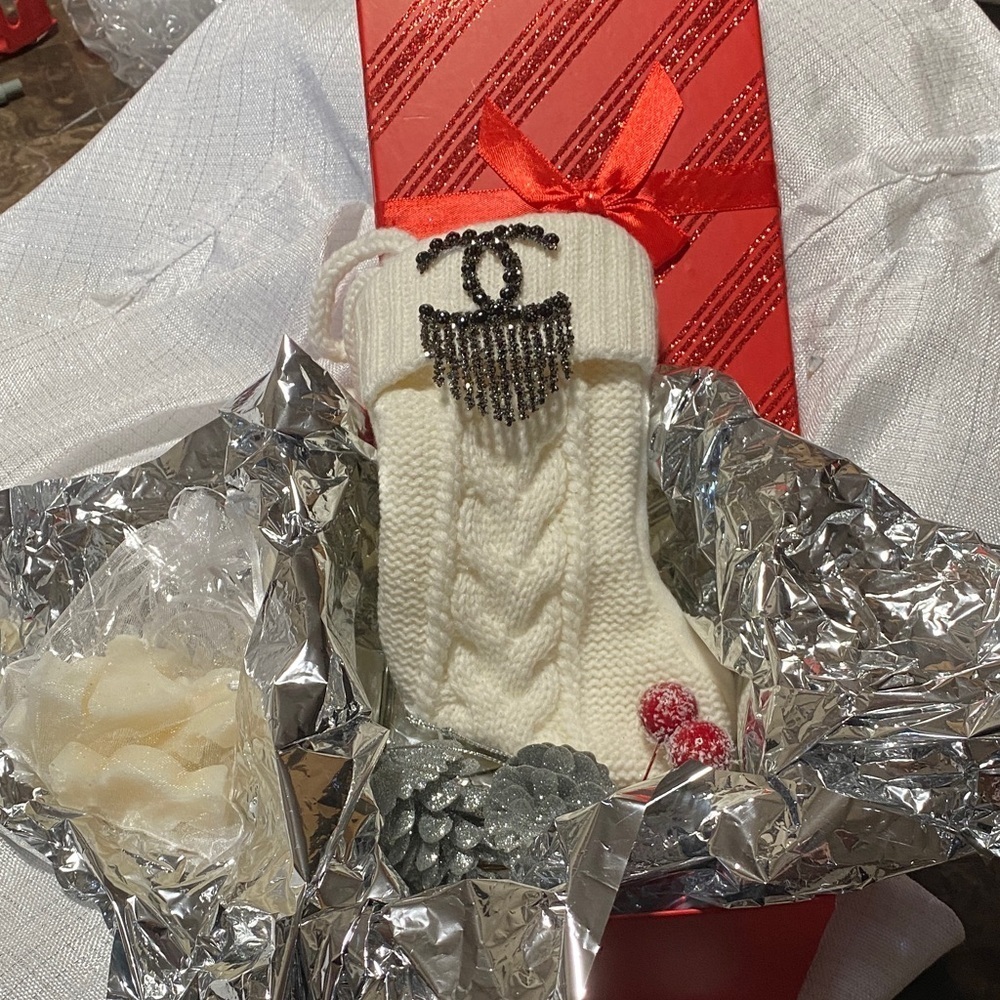 NWOT White Knit Stocking with Beaded Emblem and hand made soaps